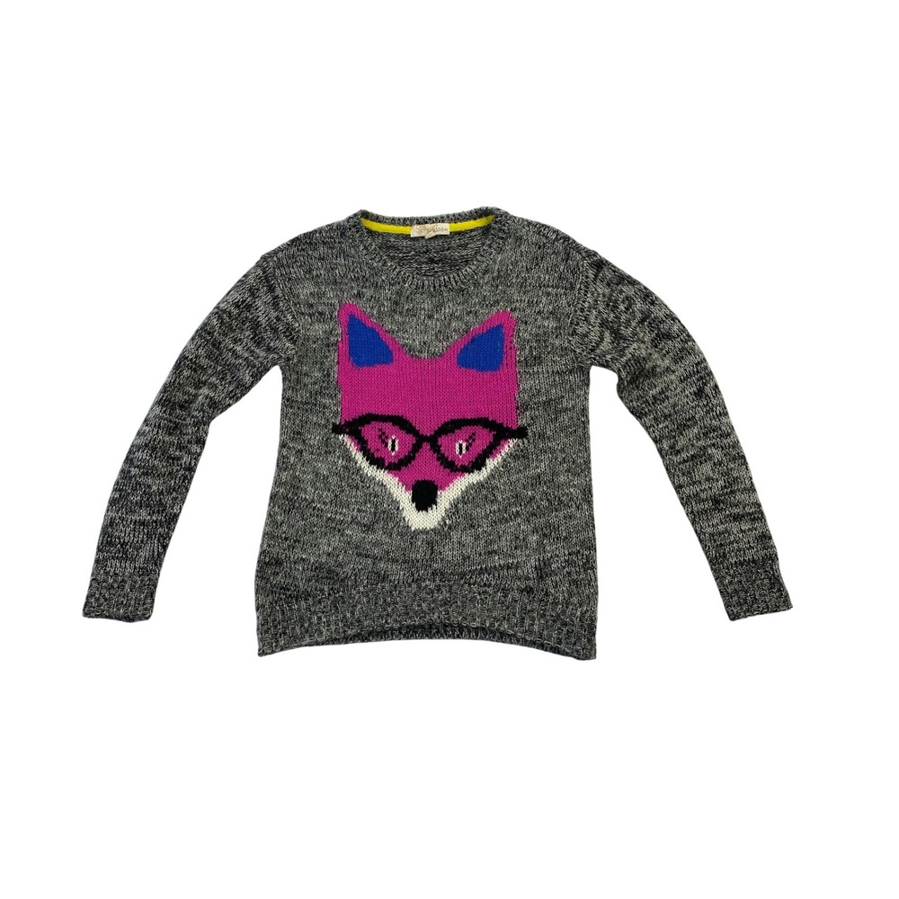 Rewind Women's Knit Sweater Sz Small Cute Fox Glasses Graphic Gray Black Pink